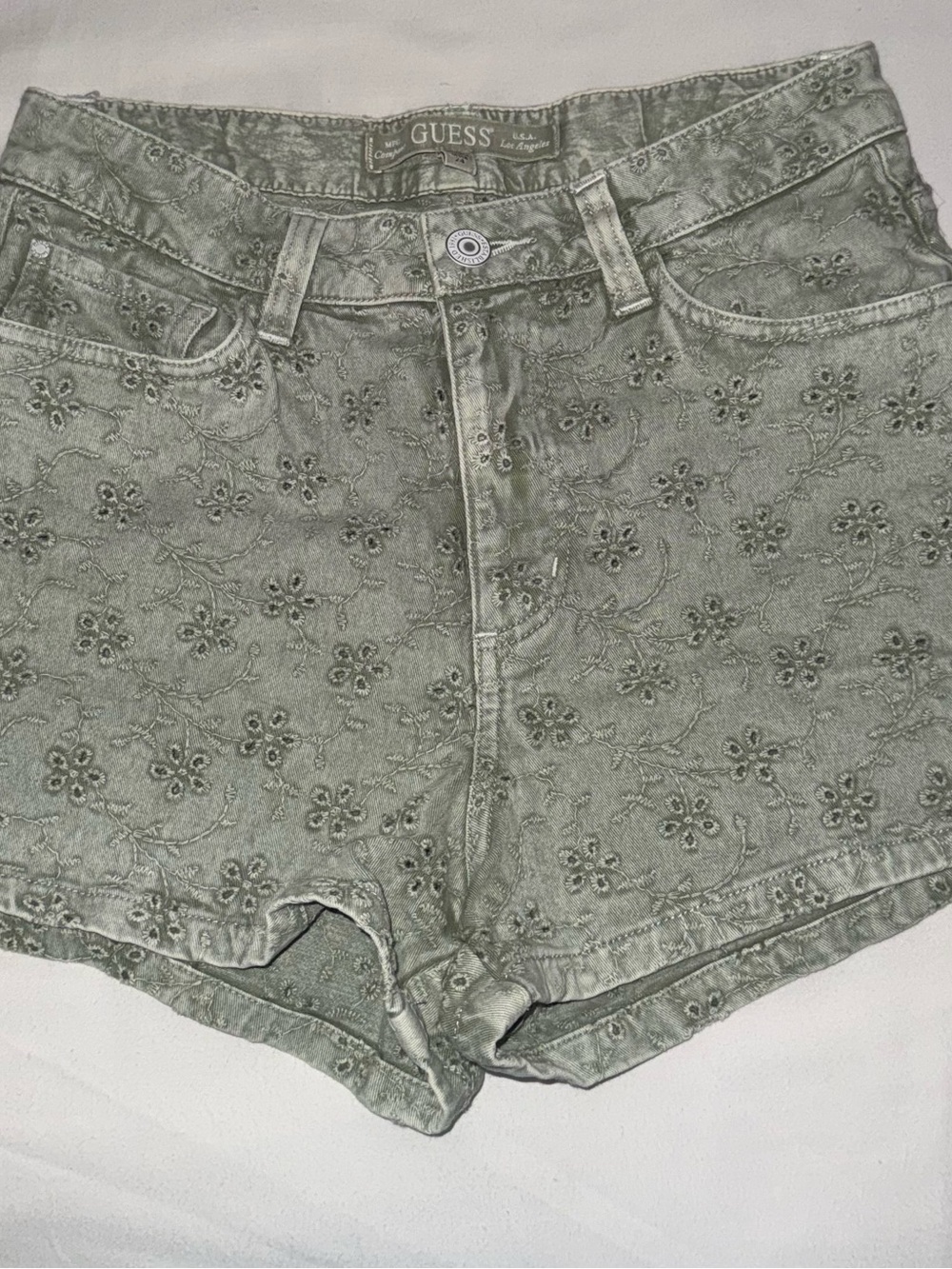 GUESS Floral Eyelet High-Rise Jean Shorts in Sage